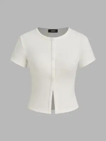 Valentine Knit Fabric Round Neckline Solid Button Short Sleeve Top For Daily Casual | Cider