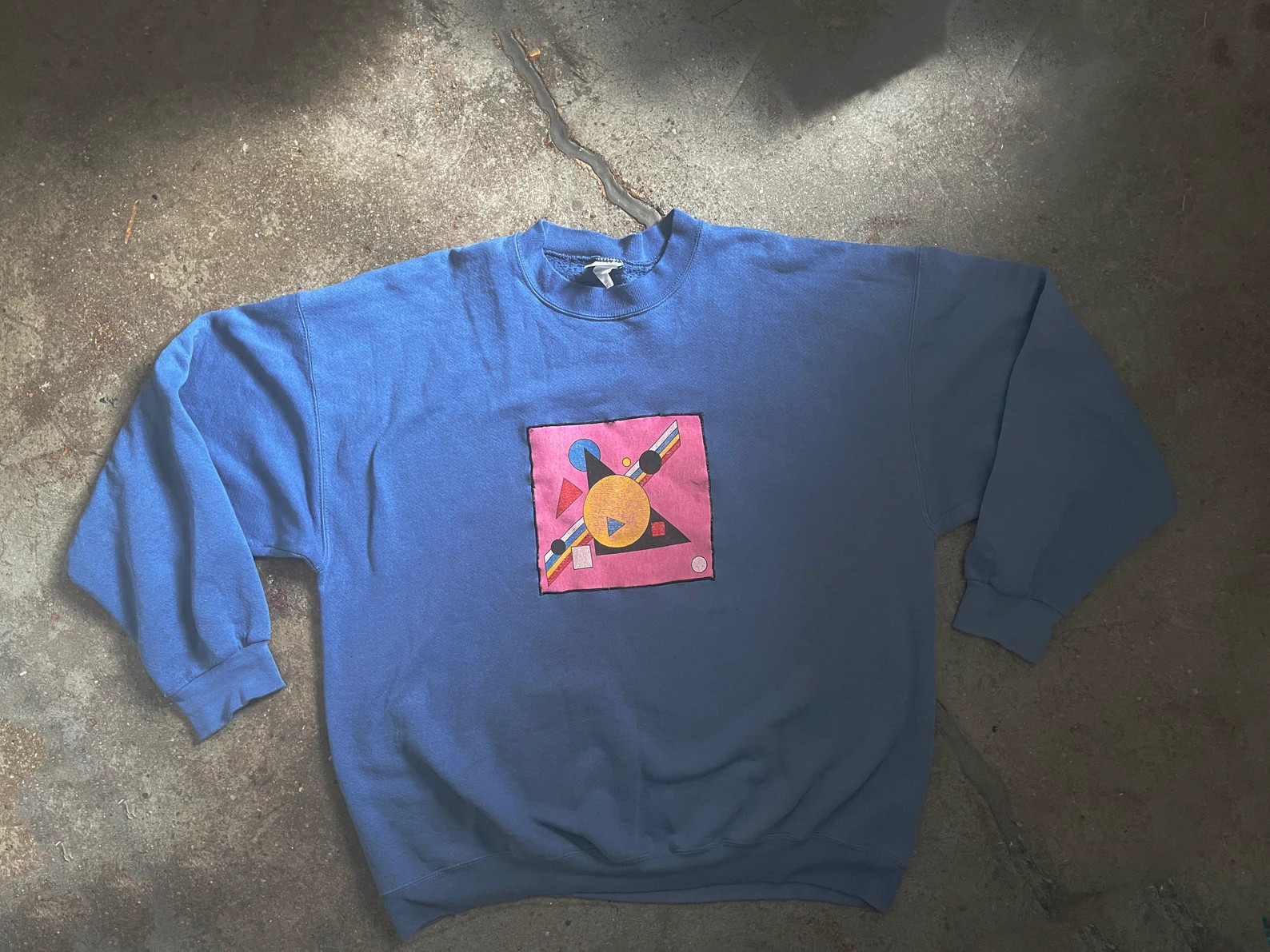Vintage 1990s Blue Pullover Crew Neck Sweatshirt Geometric Patch Applique - Etsy | Etsy (US)