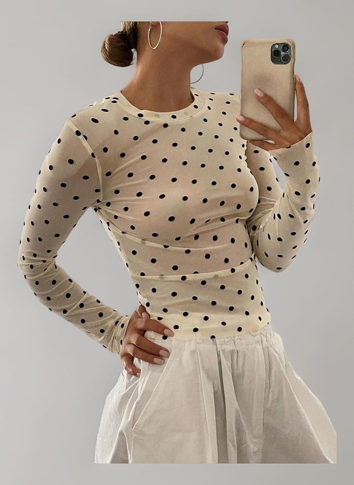 GORGLITTER Women's Polka Dots Mesh Ruched T Shirts Crewneck Long Sleeve Sheer Skinny Sexy Vintage... | Amazon (UK)