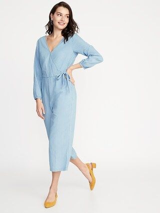 Waist-Defined Wrap-Front Chambray Jumpsuit for Women | Old Navy US