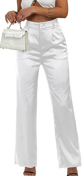 Women's Wide Leg Satin Silky Casual Dress Cocktail Party High Waist Pants | Amazon (US)