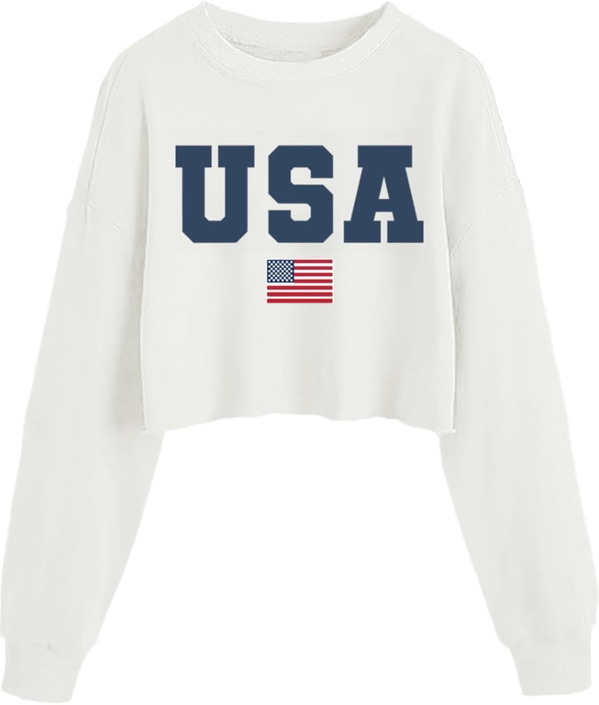 Womens USA Long Sleeve Crop Top American Flag Pullover Shirt 4th of July | Amazon (US)