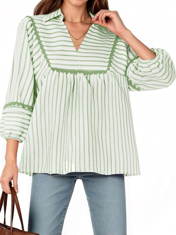 Tankaneo Womens Striped Babydoll Tops Oversized 3/4 Sleeve Peplum Blouse Loose Fit Pleated Cute S... | Amazon (US)