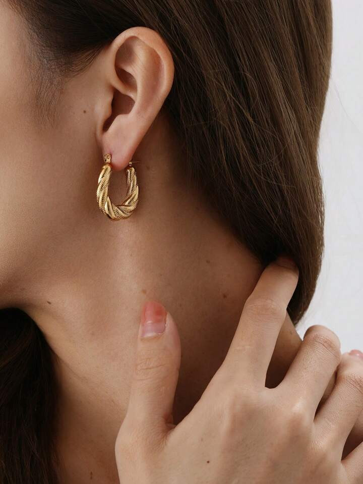 1 Pair Stylish Twist Stainless Steel U-Shaped Hoop Earrings, Versatile | SHEIN