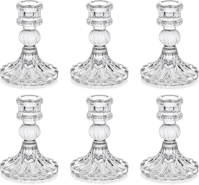 6 Pack Glass Taper Candlestick Holders, Clear Candlestick Holders, 4" H Stripe Crystal Candle Hol... | Amazon (US)