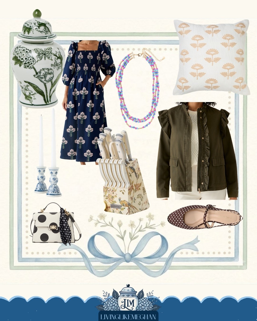 Fall wardrobe essentials meet classic home decor accents! 🌿 👗 Transition your style with an olive green ruffle utility jacket, block print midi dress, and chic polka dot accessories. Bring the cozy look inside with a vintage-inspired green ginger jar, floral block print throw pillows, and patterned knife set! tap to shop these transitional fall style staples and home updates 🤍 👠

#LTKSaleAlert #LTKHome #LTKSeasonal