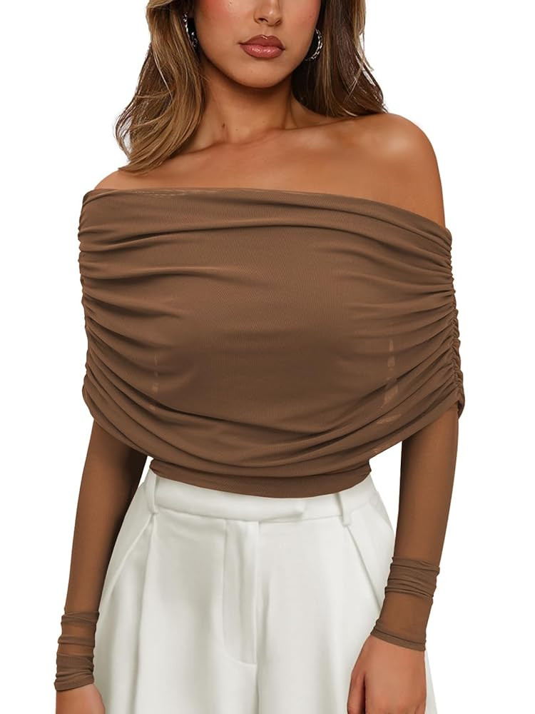 Women's Sexy Mesh Long Sleeve Top for Women Off Shoulder Sheer Ruched Going Out Tops Cocktail Par... | Amazon (US)
