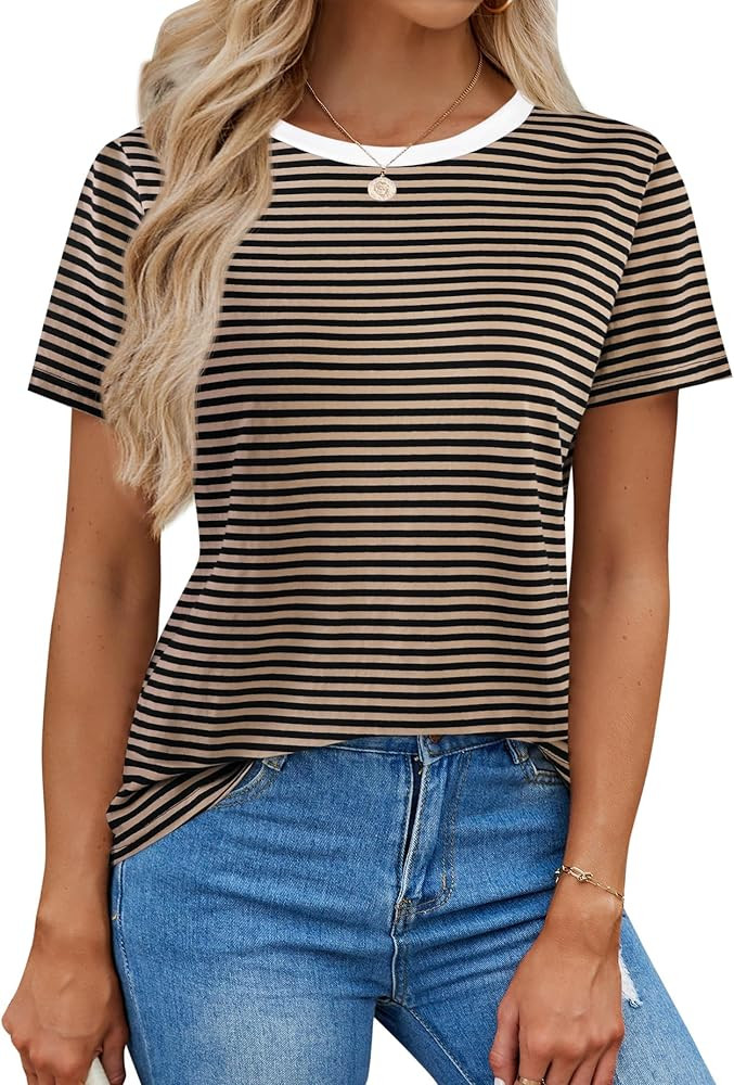 LilyCoco Women's Short Sleeve Striped Shirt Summer Crewneck T Shirt Basic Tops | Amazon (US)