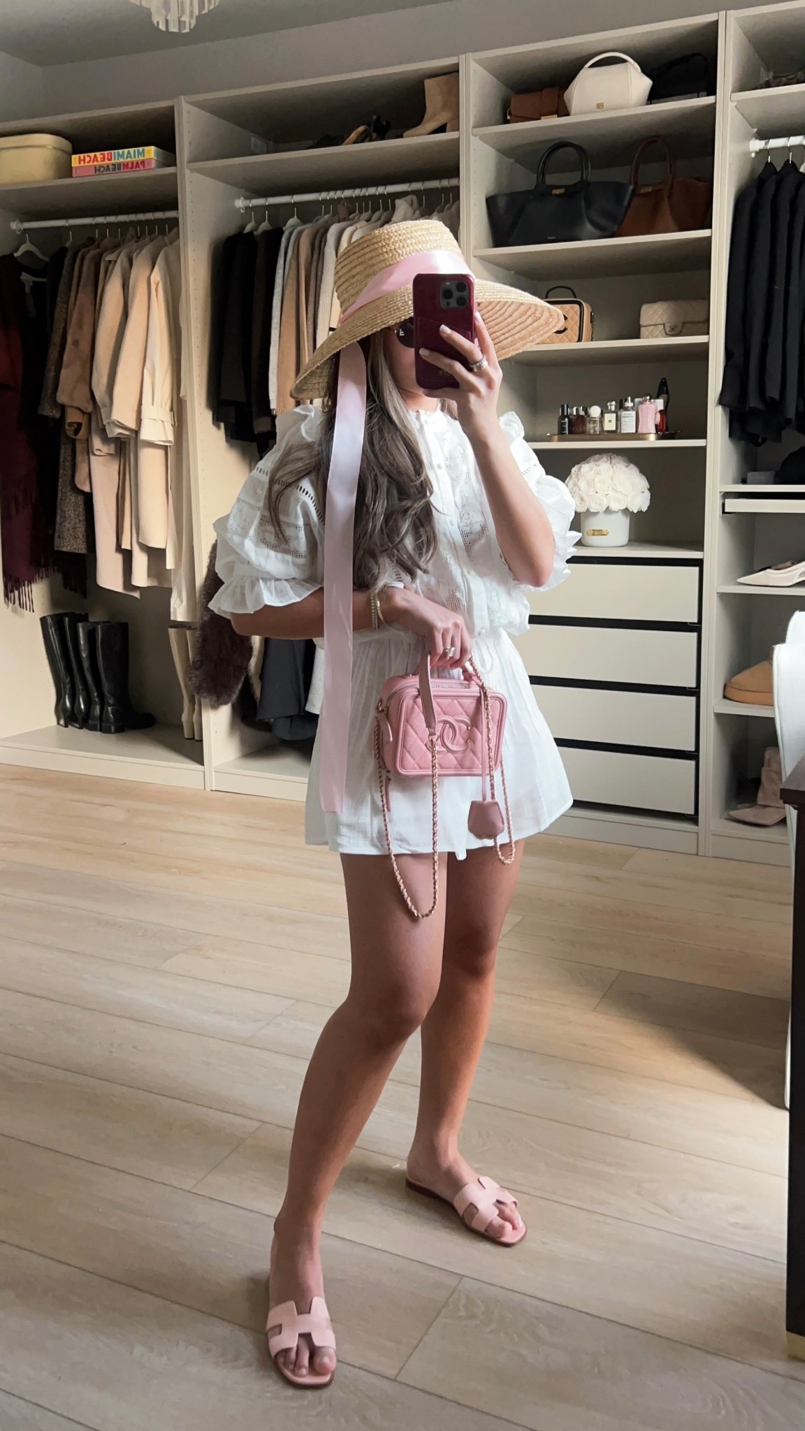 Wearing size XXS! Hat is old H&M and I added my own pink ribbon. Purse is Chanel, and sandals are Hermes.