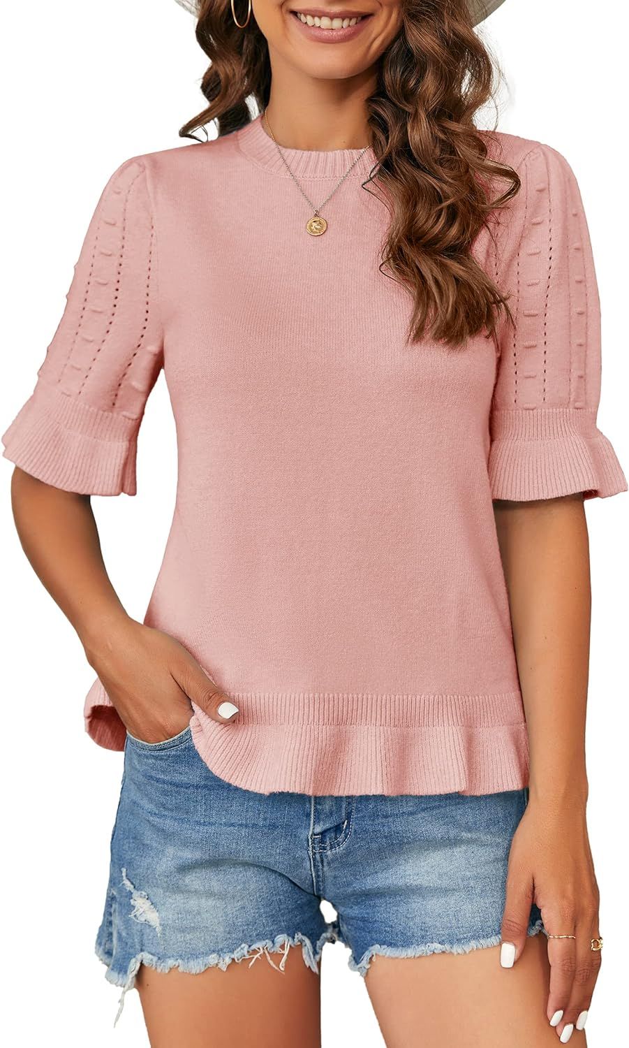 Foshow Womens Spring Ruffle Short Sleeve Pullover Sweaters Shirt Circular Flounce Crew Neck Dot T... | Amazon (US)