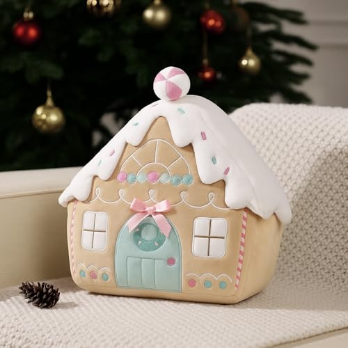 VitalCozy Pink Gingerbread House Merry Christmas Throw Pillow, Plush Faux Rabbit Fur Roof Embroidered Sherpa Gingerbread House with Color Light Xmas Decorative Shaped Pillow, Beige, 12x13 in | Amazon (US)
