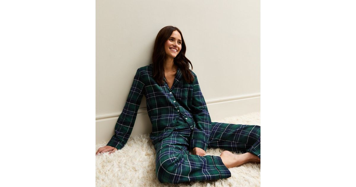 Green Woven Check Pattern Revere Collar Pyjama Set | New Look | New Look (UK)