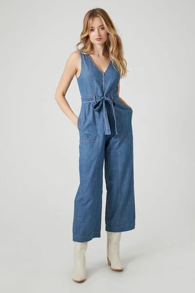 Denim Tie-Front Wide-Leg Jumpsuit | Forever 21