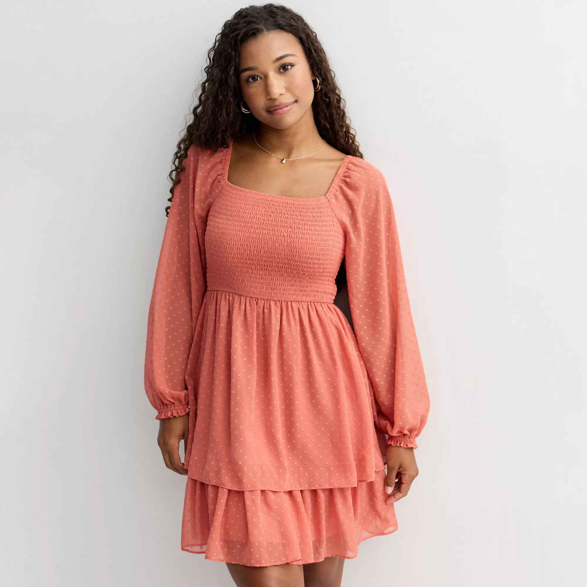 Juniors' Rewind Long Sleeve Smocked Clip Dot Skater Dress | Kohl's