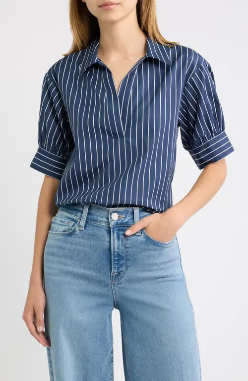 FRAME The Stripe Cotton Popover Top in Navy Multi Stripe at Nordstrom, Size Small | Nordstrom