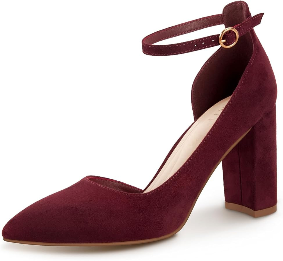 Women's Closed Toe Pumps 3-Inch Chunky Heels Pumps Ankle Strap Dress Wedding Shoes | Amazon (US)