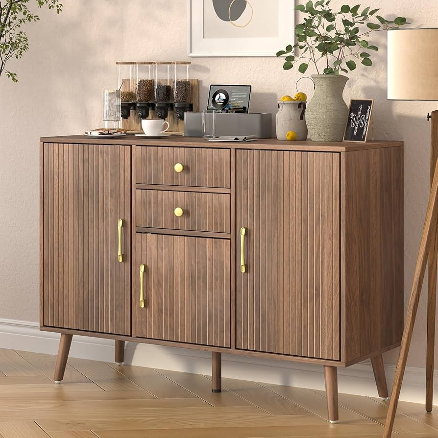 Fluted Cabinet with Drawers Mid-Century Modern Sideboard Buffet Cabinet with 2 Drawers and 3 Door... | Amazon (US)