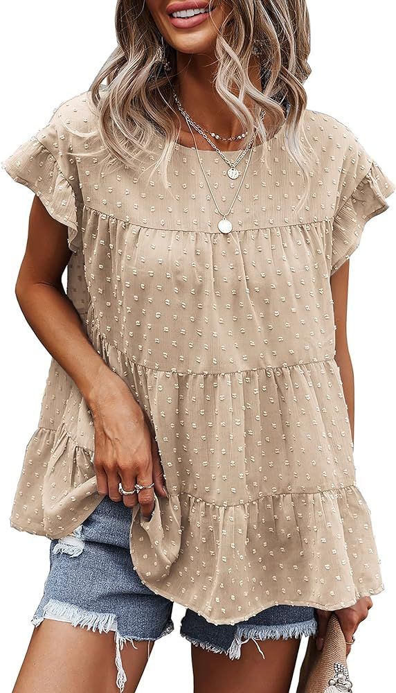 KIRUNDO Summer Women’s Tunic Tops Ruffle Neck Cap Sleeves Shirts Floral Print Loose Babydoll Tank To | Amazon (US)