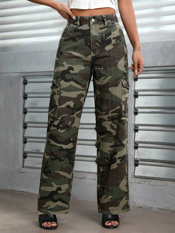 SHEIN PETITE Camo Print Flap Pocket Cargo Jeans | SHEIN