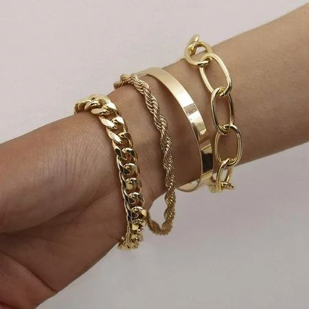 Gold Silver Chain Bracelets Set for Women Adjustable Fashion Beaded Chunky Flat Cable Chain Punk Bra | Walmart (US)