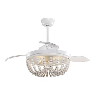 Parrot Uncle Huang 42 in. Wooden Beads Retractable 3-Blade White Ceiling Fan Chandelier with Remo... | The Home Depot