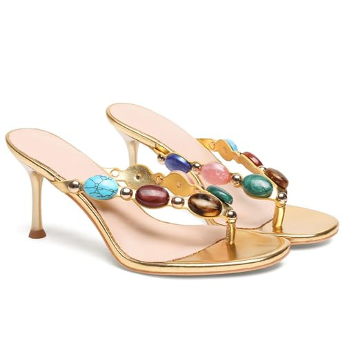 Oakmoo Women's Jeweled Thong Strappy Sandal Summer Mules Kitten Heels Flip Flop Round Open Toe Mid Heels Fashion Wedding Party Dress Thong Casual Shoes | Amazon (US)