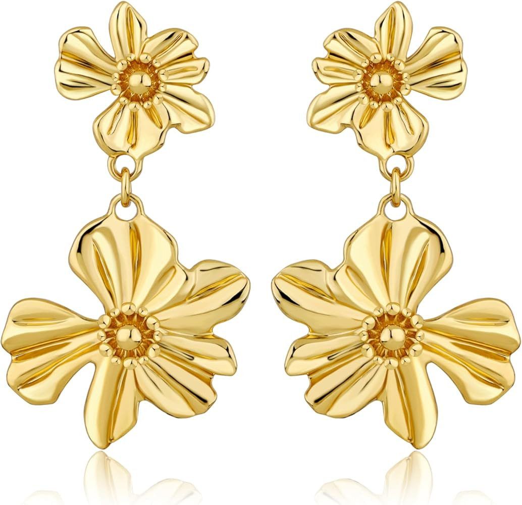 Gold Statement Earrings For Women 18K Gold Plated Sectored Flower Leaf Shell Angel Wing Earring L... | Amazon (US)