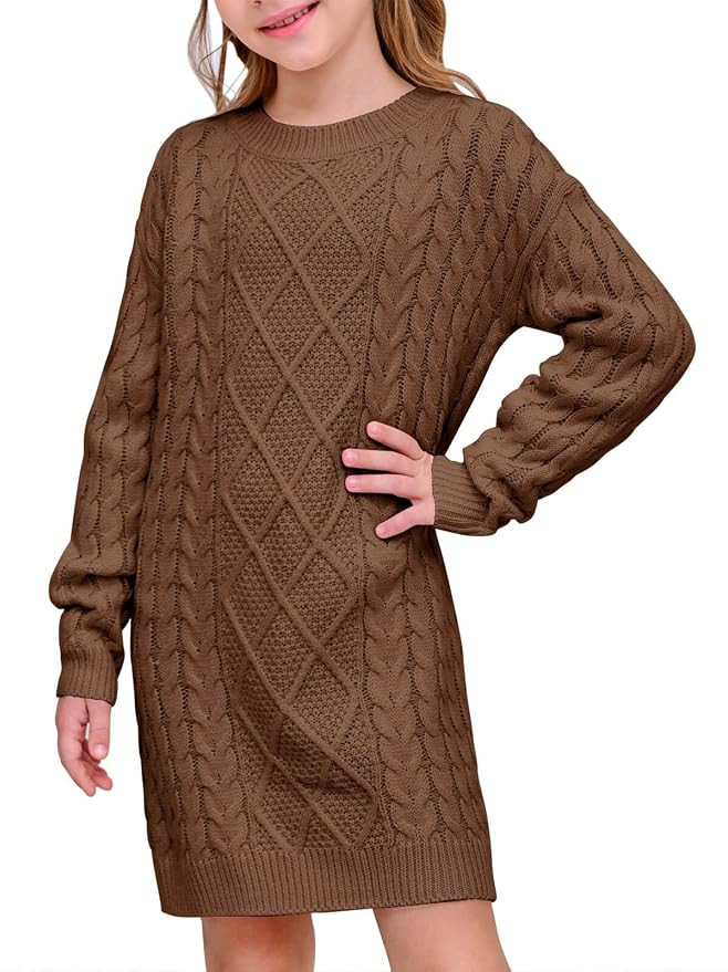 rrhss Girls Cable Knit Long Sleeve Sweater Dress Kids Fashion Fall Tunic Tops Outfits 3-12 Years | Amazon (US)