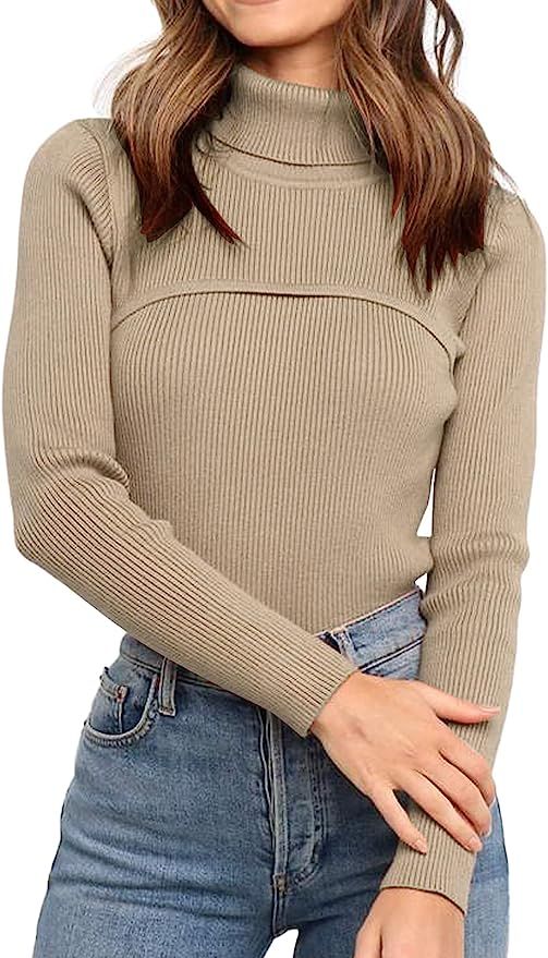 PRETTYGARDEN Women's 2021 Turtleneck Knit Sweater Long Sleeve Soft Slim Fit Pullover Solid Color ... | Amazon (US)