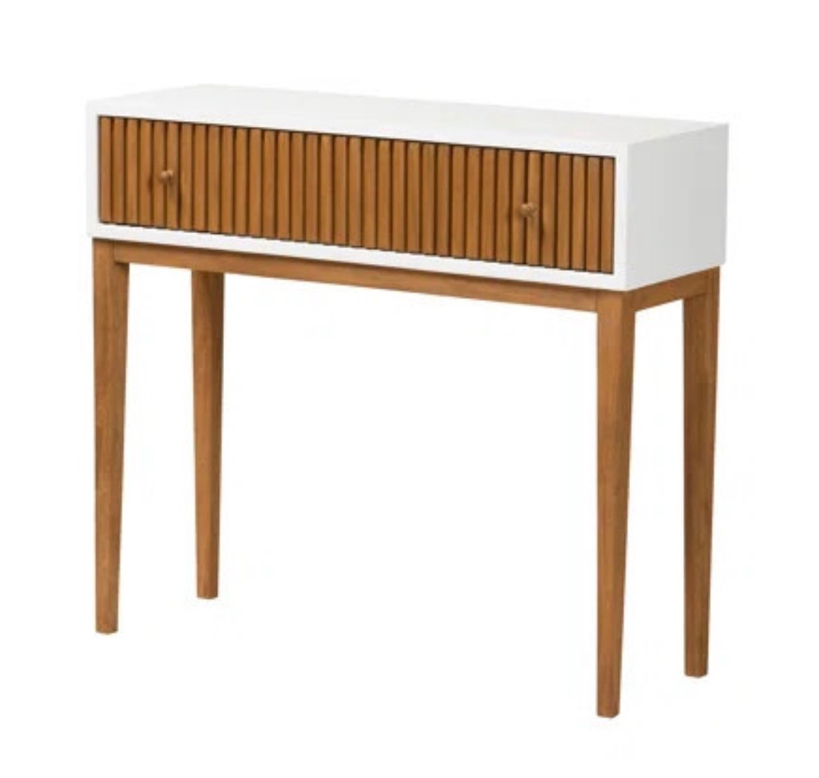 This fluted drawer console table is the perfect mix of modern and mid century style. The warm wood tones paired with the crisp white frame create such a clean, elevated look, while the textured drawer front adds subtle detail. Perfect for an entryway, hallway, or behind a sofa styled with a lamp, mirror, and decor accents for a polished finish. #consoletable 