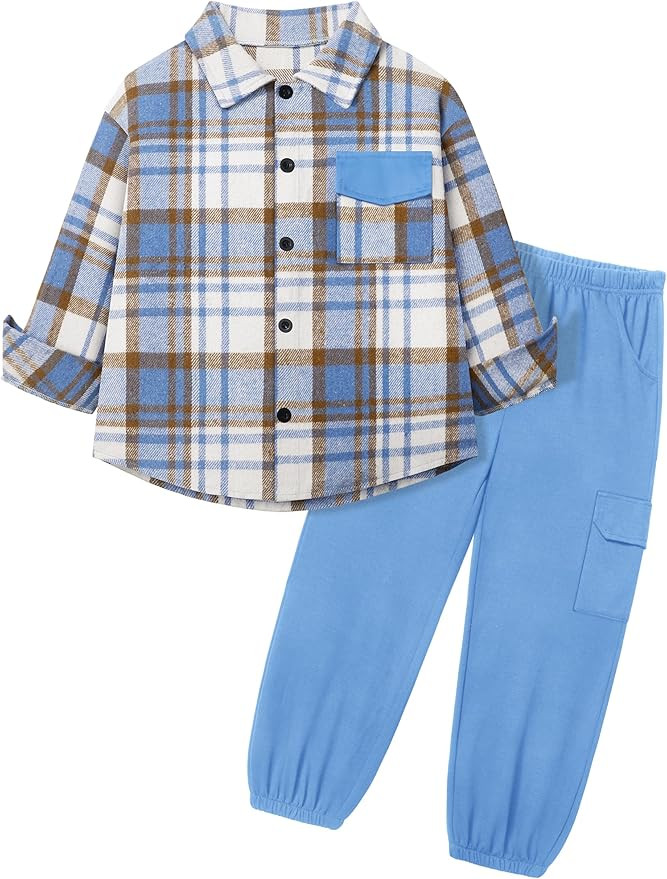 Toddler Boys Clothes Long Sleeve Flannel Plaid Button Shirt +Cargo Pants 2 Pcs Fall Winter Kids O... | Amazon (US)