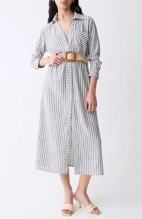 DELUC Marialva Stripe Long Sleeve Linen Blend Maxi Shirtdress in Striped Blue at Nordstrom, Size Small | Nordstrom