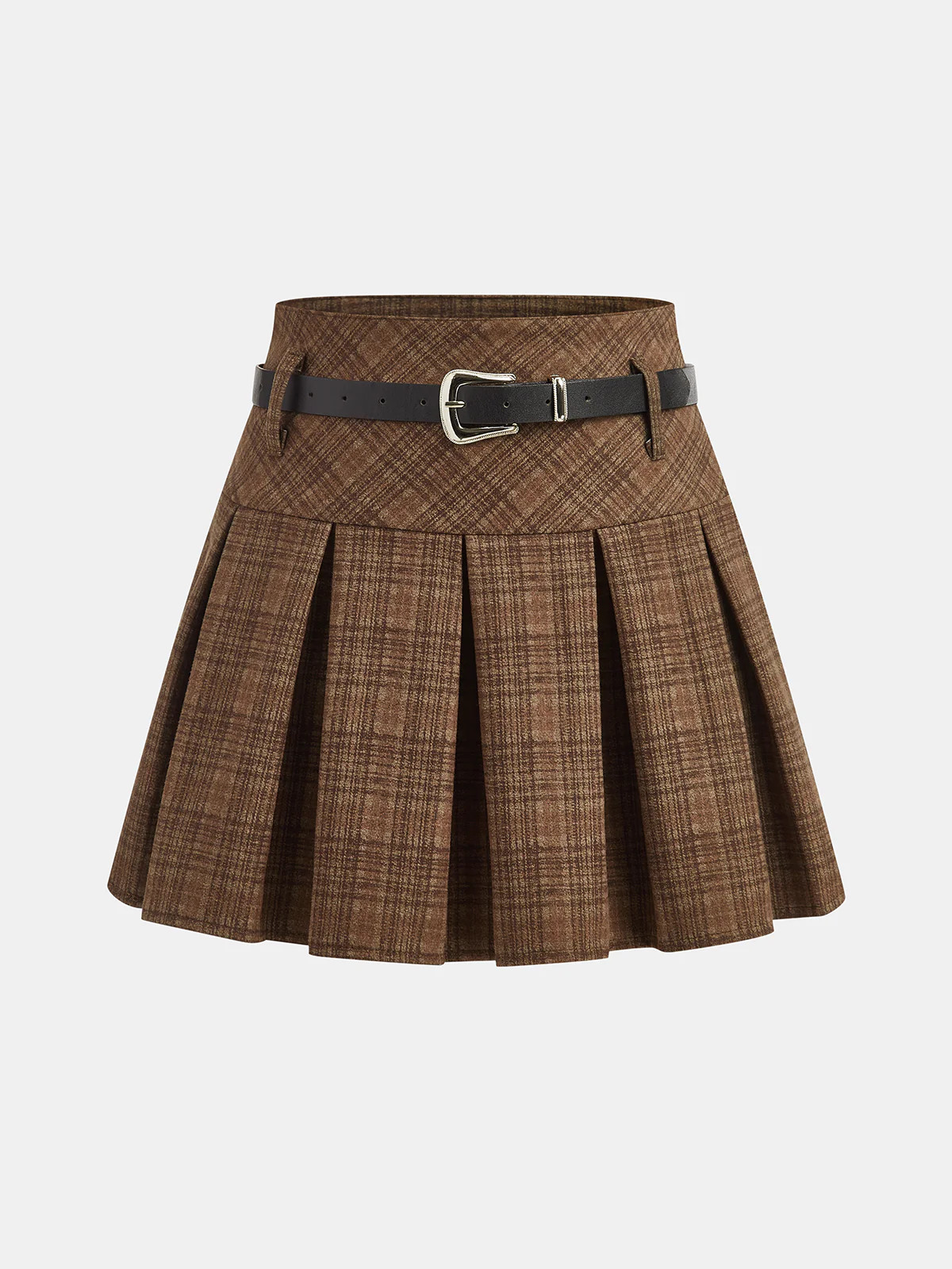 Belted Pleated Plaid Mini Skirt | Commense