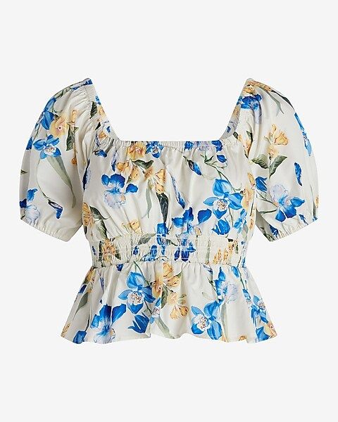 Floral Square Neck Puff Sleeve Peplum Top | Express