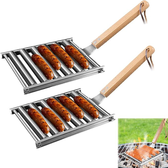 Hot Dog Roller for Grill, Sausage Roller Stainless Steel Rack with Extra Long Wood Handle,5 Hot D... | Amazon (US)