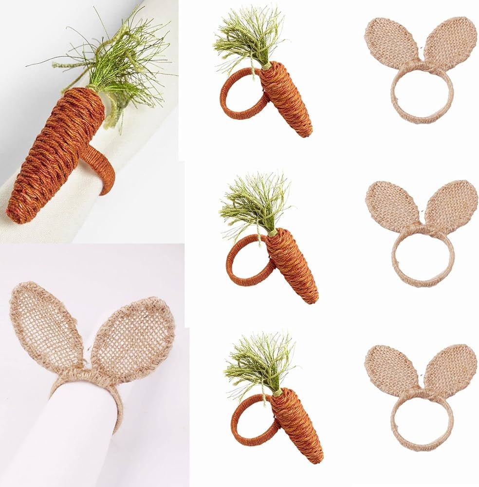 CAPRIZ Set of 6 Easter Bunny Ears Carrot Napkin Ring, Cotton and Linen Rustic Hand Woven Napkin B... | Amazon (US)
