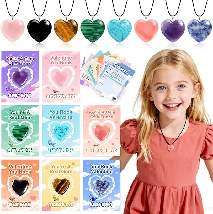 VERDRIP Valentines Day Cards Gifts for Kids School, 24 Pack Heart Gem Necklaces Valentines Goodie... | Amazon (US)