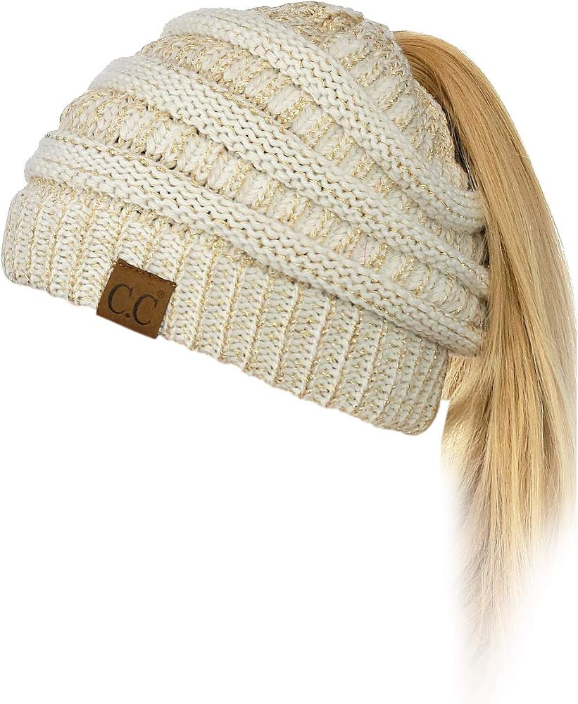 BeanieTail Soft Stretch Cable Knit Messy High Bun Ponytail Beanie Hat | Amazon (US)