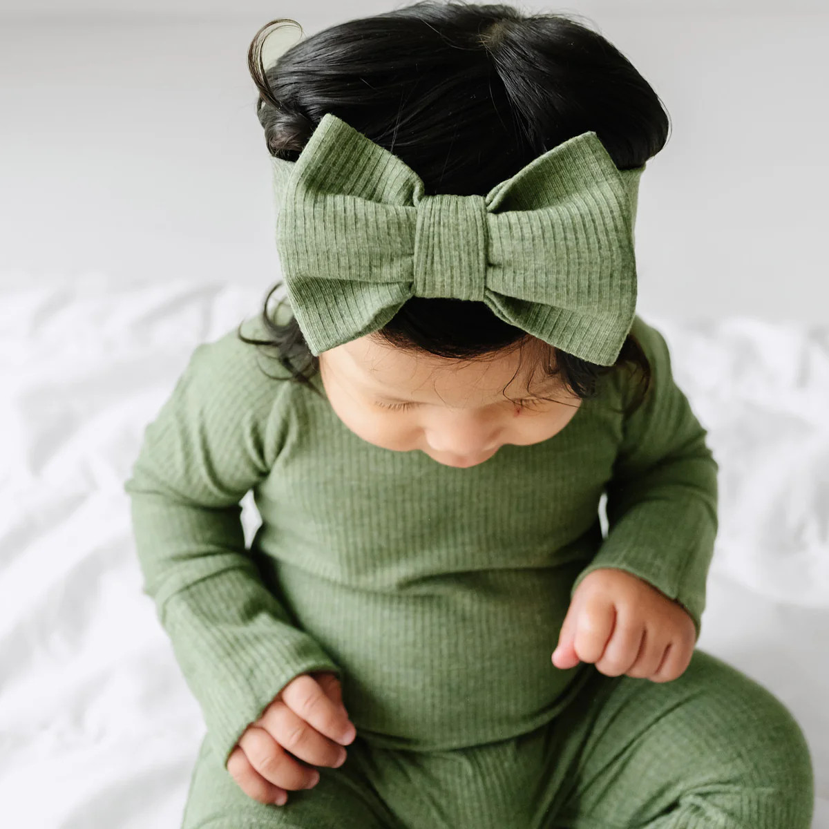 Heather Cypress Green Ribbed Luxe Bow Headband | Little Sleepies
