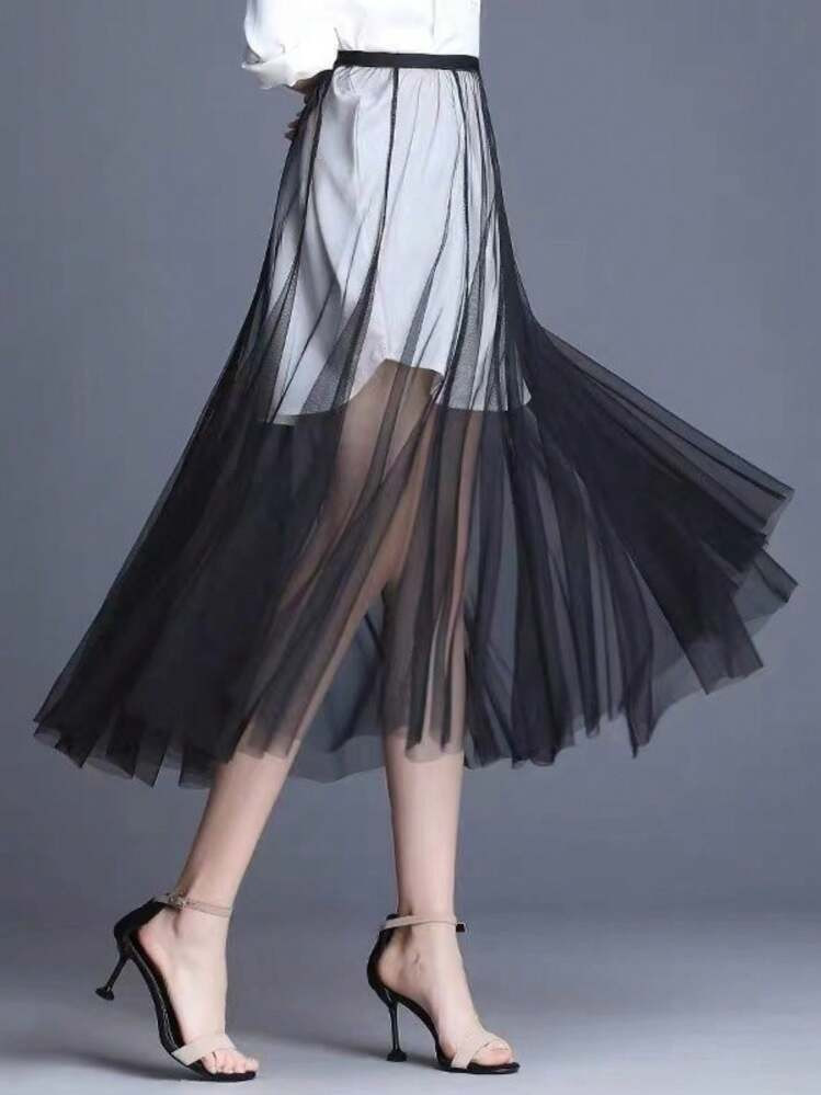 1pc Sheer Mixed Mesh Plain Skirt, Women Summer 2025 New Casual A-Line Skirt | SHEIN