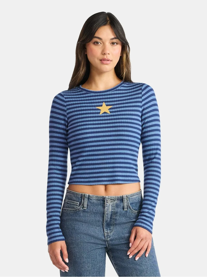 No Boundaries Graphic Striped Pointelle Top with Long Sleeves, Women’s | Walmart (US)