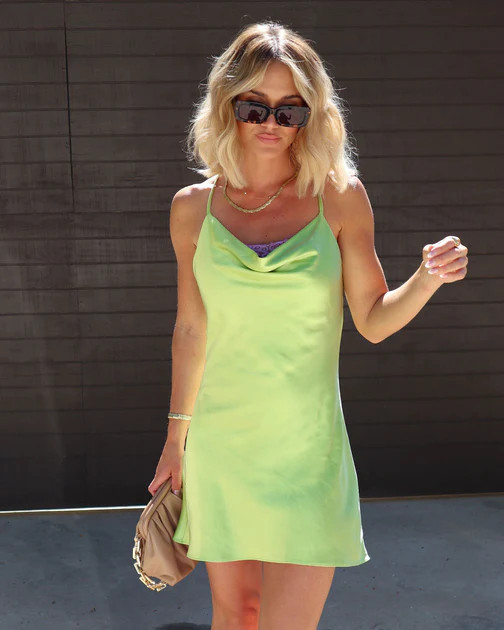 Day And Night Satin Cowl Neck Lace Trim Mini Dress - Green/Lavender | VICI