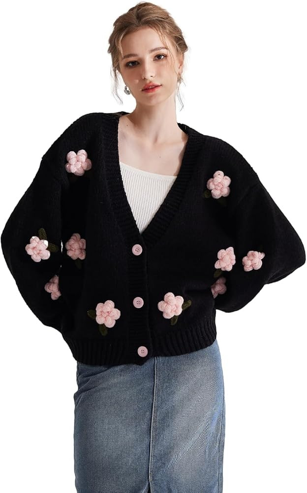 Cardigan Sweater for Women, Long Sleeve V-Neck Button Knit Flower Outfit | Amazon (US)