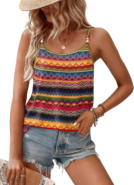 WIHOLL Tank Tops for Women Beaded Spaghetti Strap Cami Flowy Scoop Neck Sleeveless Summer Beach V... | Amazon (US)