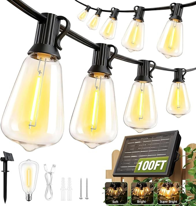 100FT Solar String Lights Outdoor Waterproof with Remote & Timer, LED Shatterproof ST38 Bulbs, US... | Amazon (US)