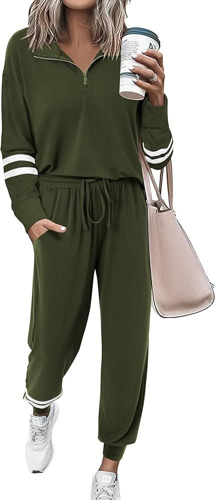 PRETTYGARDEN Women's 2 Piece Outfits Fall Fashion 2024 Striped 1/4 Zip Pullover Tops Long Sweatpa... | Amazon (US)