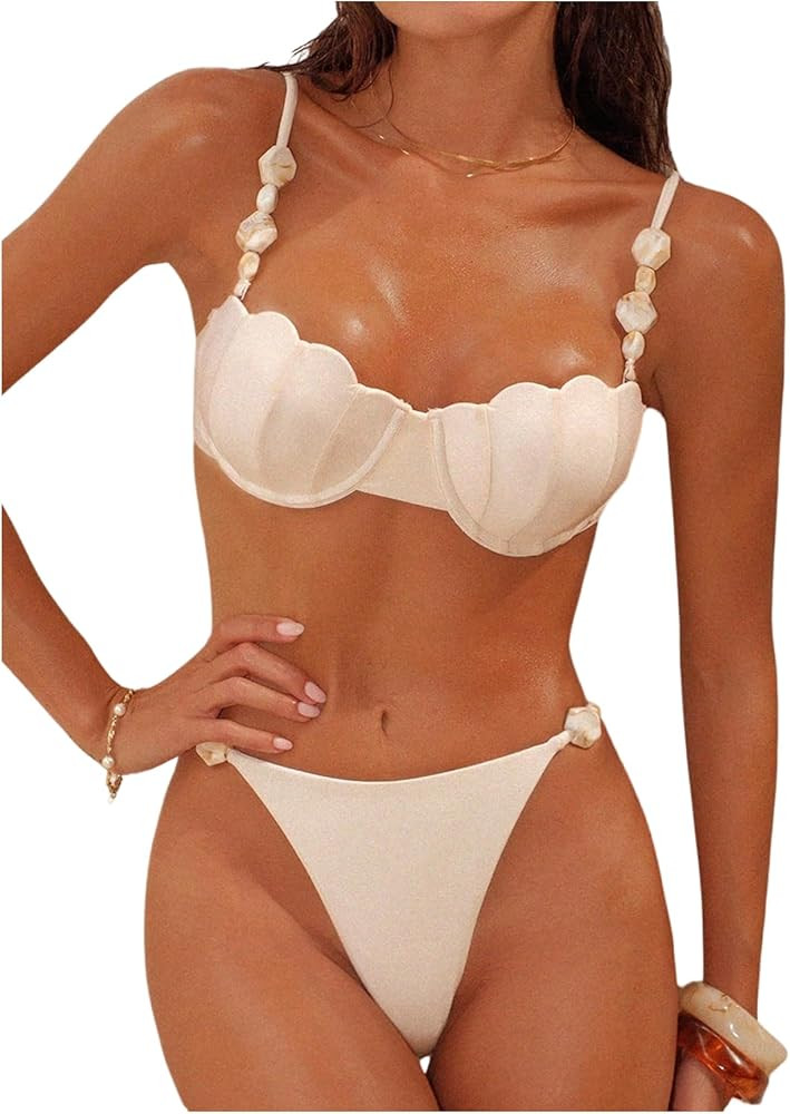 SHENHE Women's Push Up Underwire Swimsuits 2 Piee Seashell Top Cheeky Thong Beaded Bikini Set | Amazon (US)