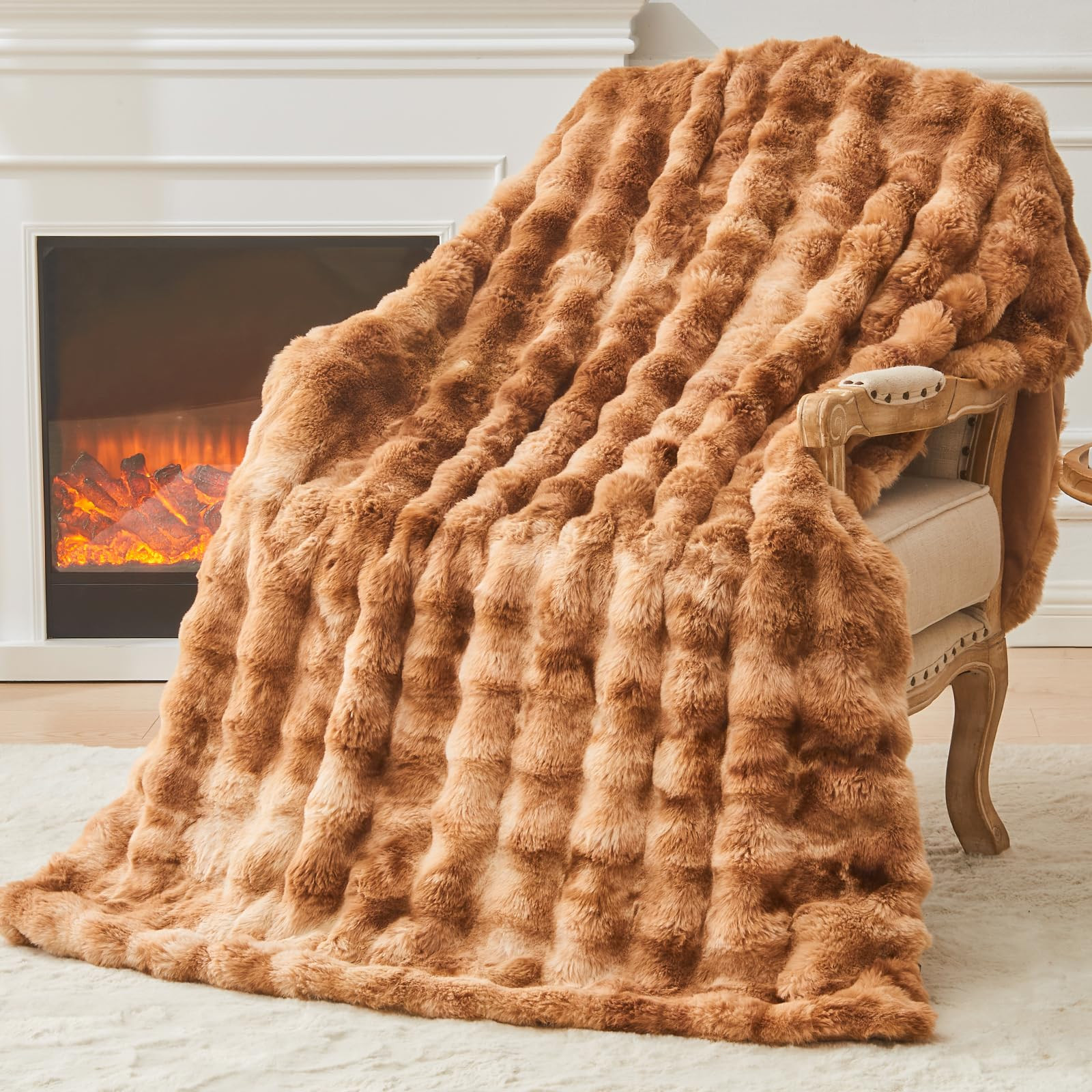 EMME Faux Fur Throw Blanket Tie Dye Brown - Big Bubble Rabbit Cozy Blanket for Couch, Small Fluff... | Amazon (US)