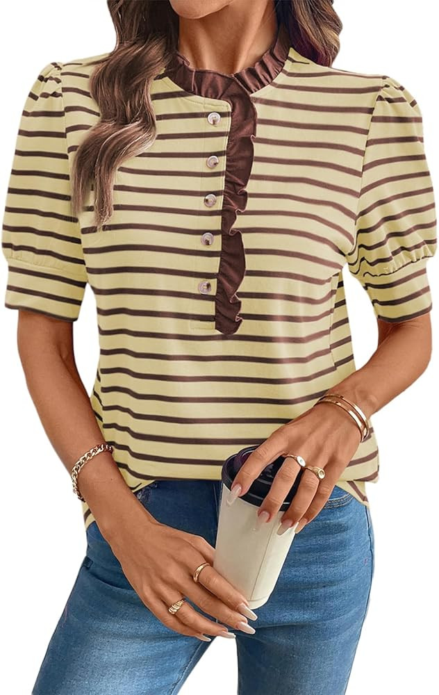 BLENCOT Summer T Shirt for Women Casual Puff Sleeve Button Down Ruffle Collar Striped Knit Blouse... | Amazon (US)