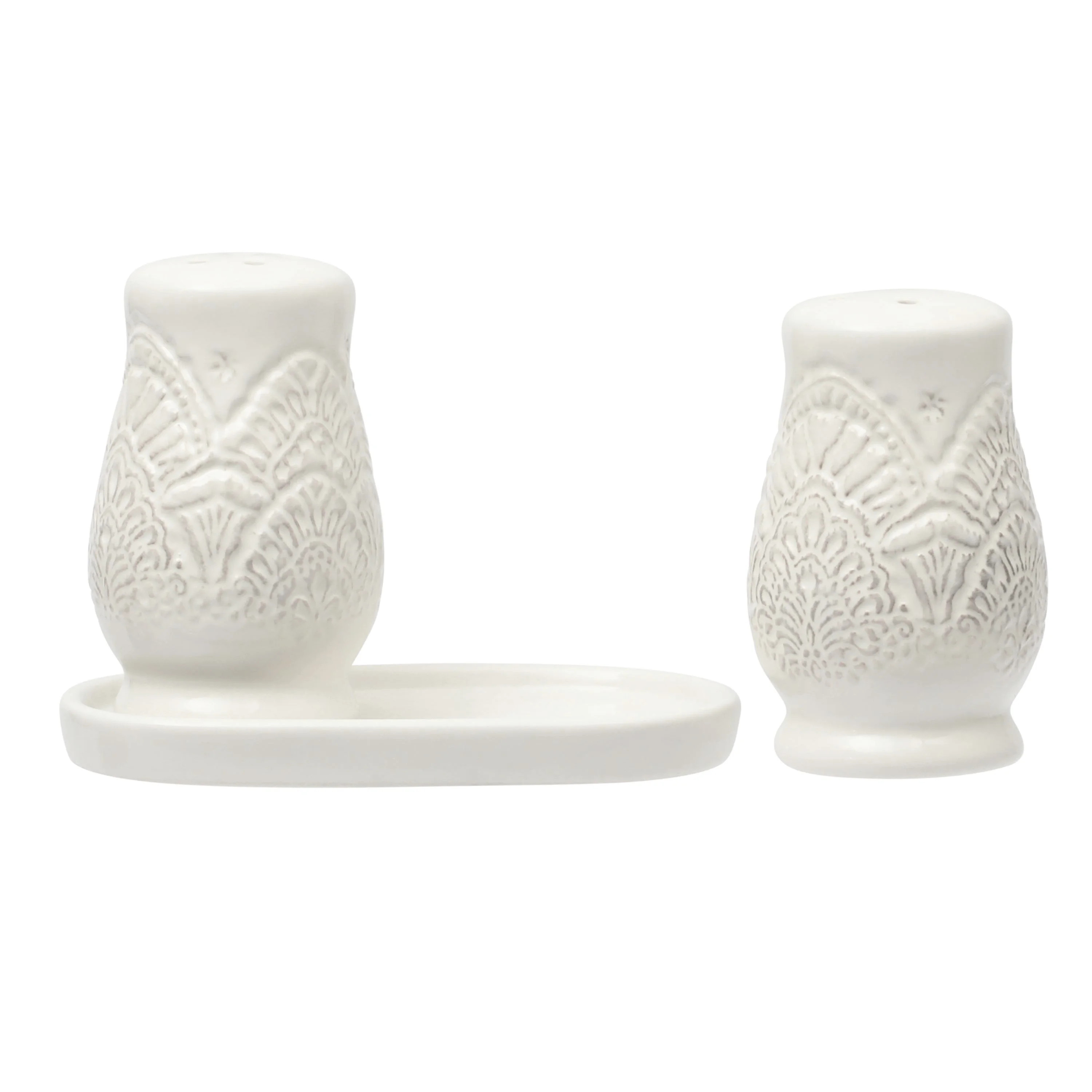 The Pioneer Woman Vintage Lace Stoneware Salt & Pepper Shaker Set, Linen | Walmart (US)